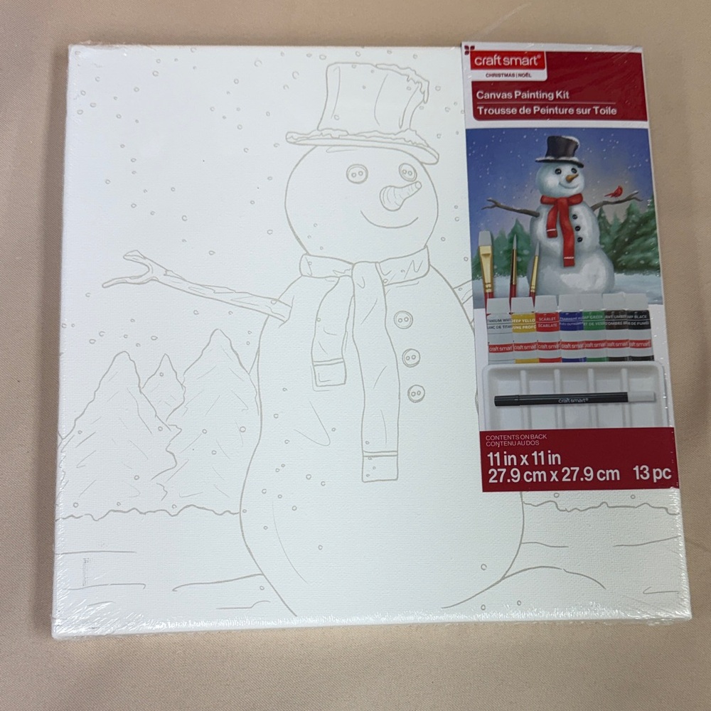 Craft Smart Snowman Canvas Painting Kit 11”x11” paint brushes dual tip marker